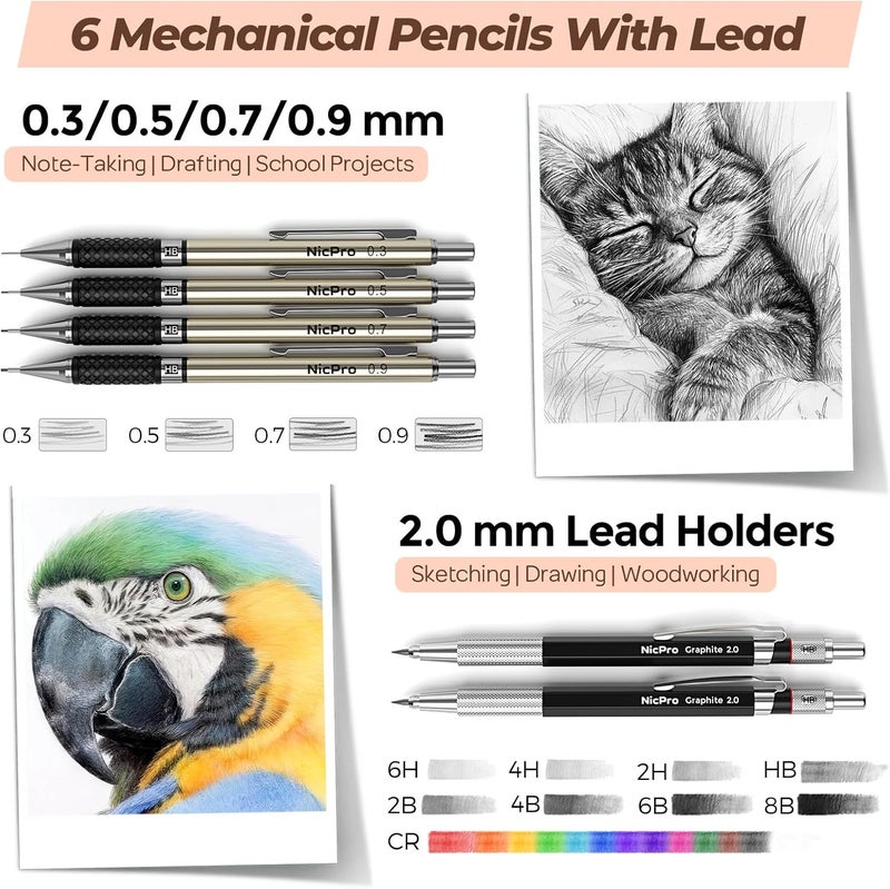 Nicpro 58 PCS Art Drawing Supplies Kit in Leather Case, Art Mechanical Pencil Set with Metal Drafting Pencil 0.3 & 0.5 & 0.7 & 0.9 & 2mm, 12 Micron Pen, Sketch Book, 30 Tube Lead Refills for Sketching - Image 2